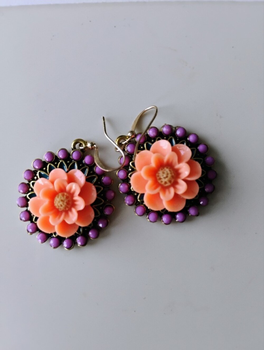 Boho Floral Dangle Earrings Coral Resin Flower Purple Enamel Gold Tone Statement